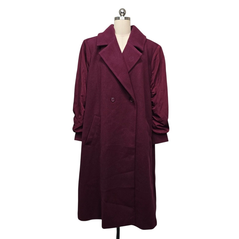 LOGO Lori Goldstein Burgundy Ruched Sleeve Double Breasted Trench Coat Size 2XP